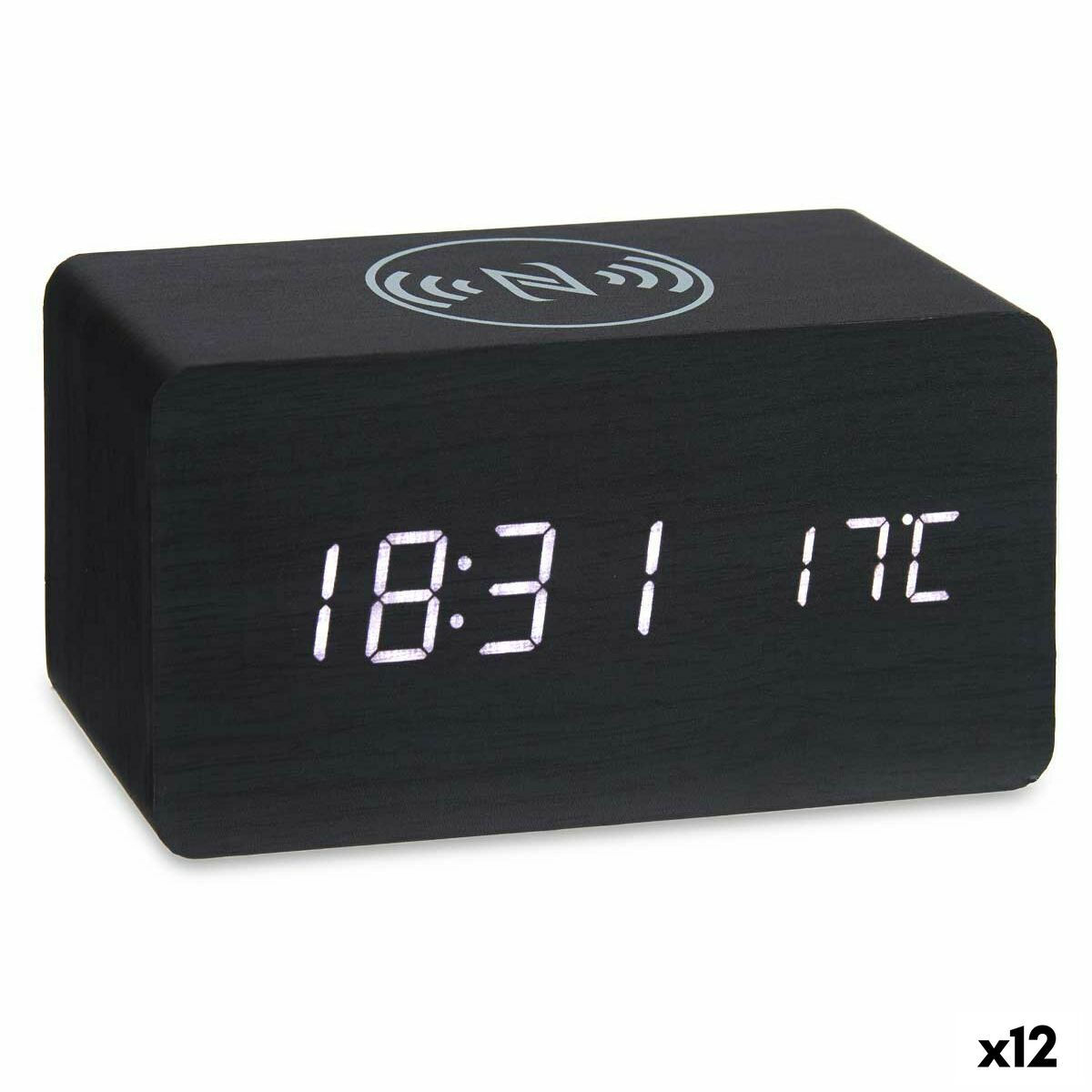 Wecker mit kabellosem Ladegerät Schwarz PVC Holz MDF 15 x 7,5 x 7 cm (12 Stüc
