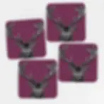 Melamine coaster with a print of a hand-drawn illustrated stag on a purple background.