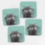 Melamine coasters with a print of a hand-drawn illustrated otter on a teal background.