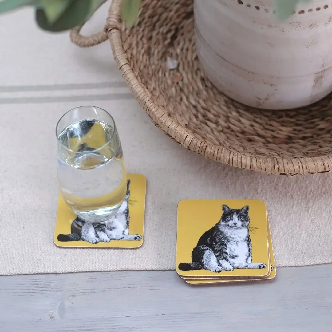 Melamine coasters with a print of a hand-drawn illustrated fat cat on a yellow background.