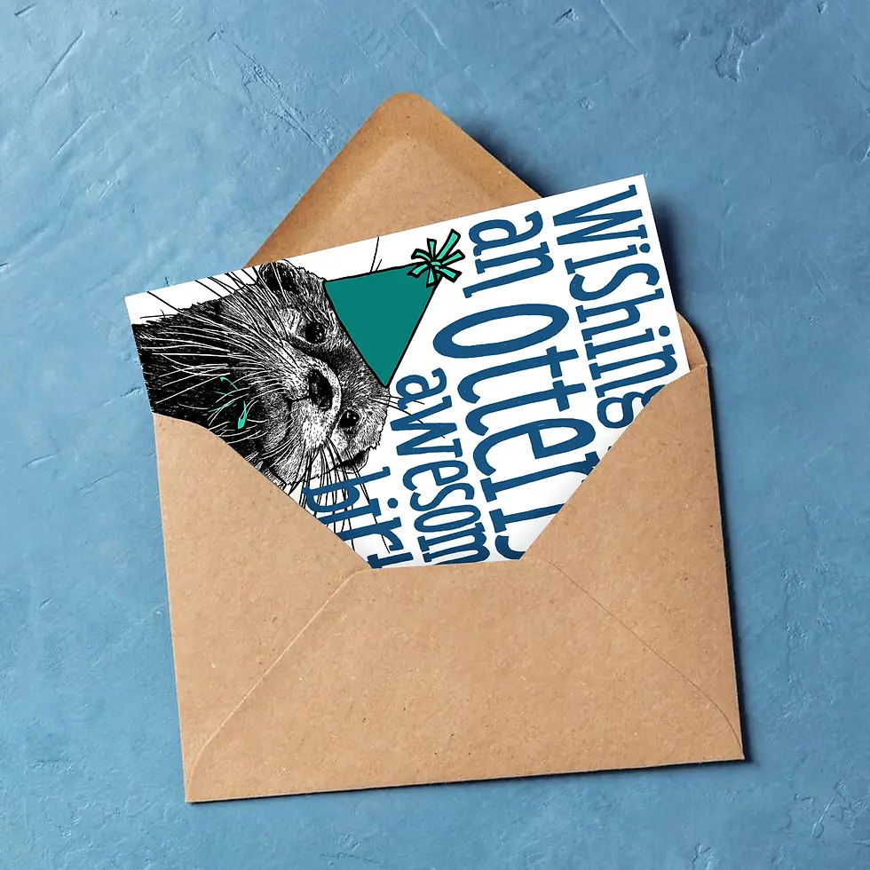 Thumbnail: Fun and unique illustrated birthday greetings cards in A5 size. Featuring a print of a hand-drawn illustrated otter wearing a party hat, surrounded by the words "Wishing you an otterly awesome birthday"