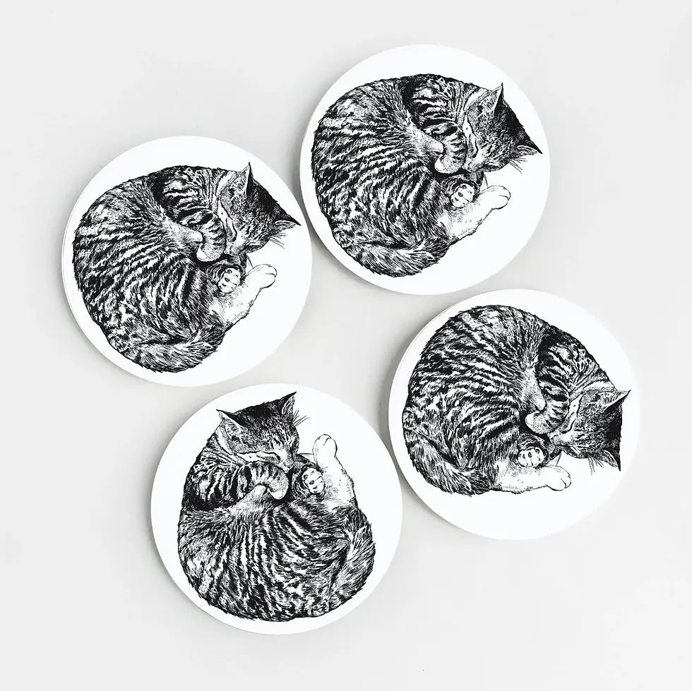Thumbnail: Melamine coasters with a print of a hand-drawn illustrated sleeping cat in black and white.