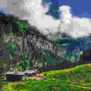 Looking down on the Refuge des Fonts in Summer