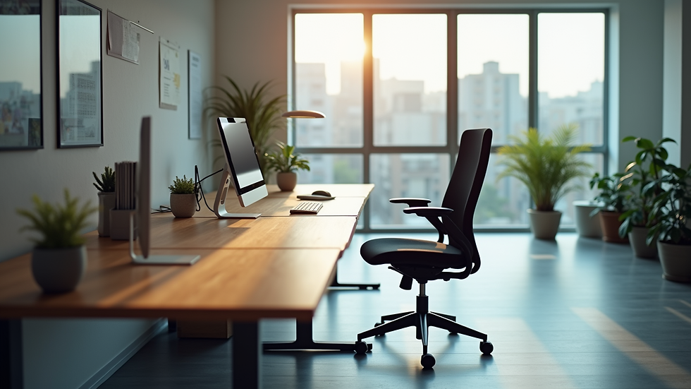 high angle view of modern ergonomic workspace with adjustable desk and chair