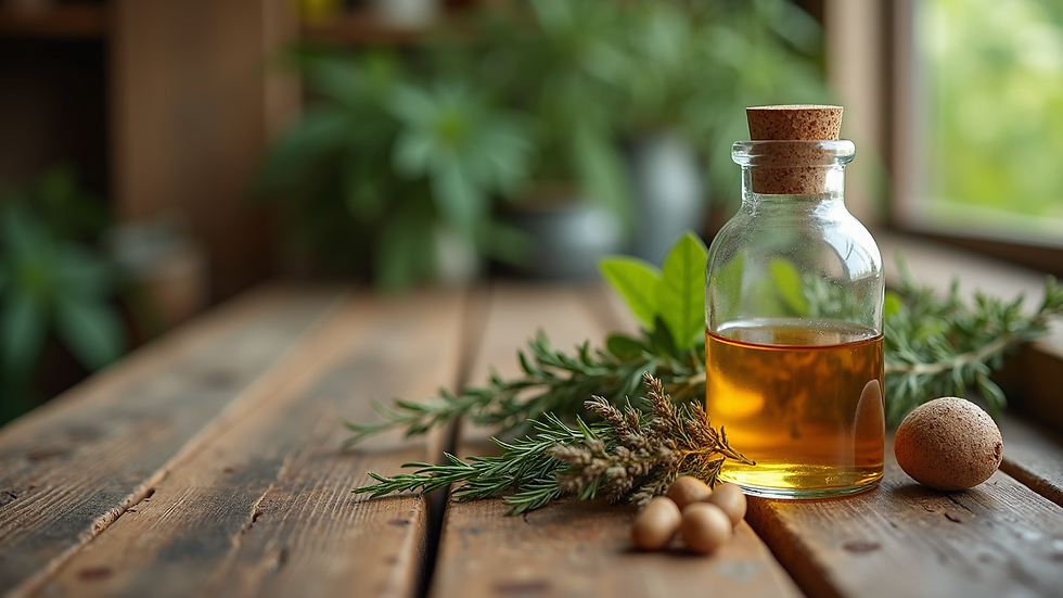 Eye-level view of a rustic wooden table with natural herbal products