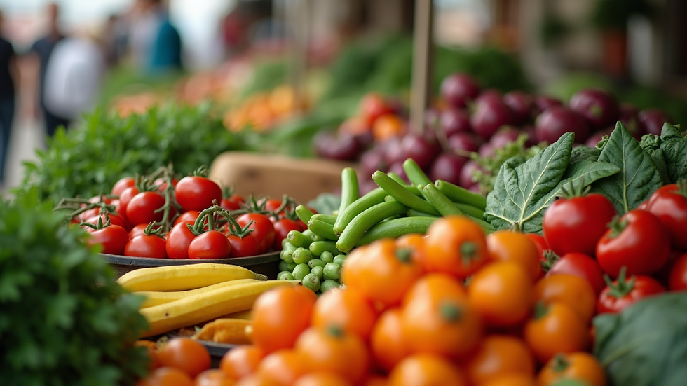 High angle view of a farmer’s market with fresh organic produce
