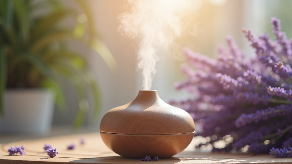 Close-up view of a diffuser releasing lavender essential oil mist