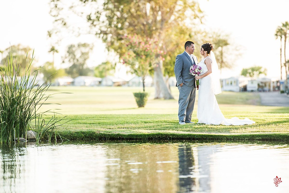 Photo of couple getting married at an RV park.