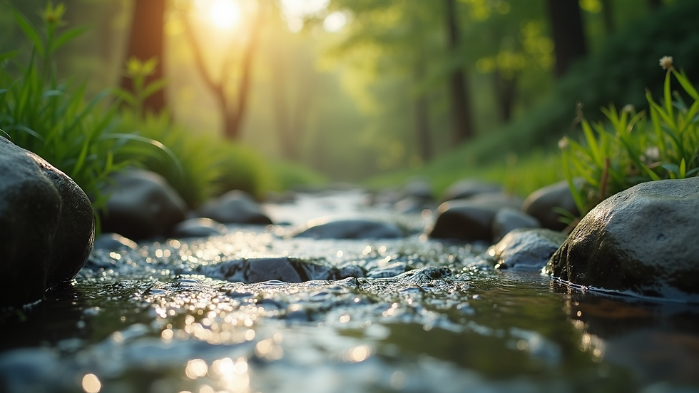 Close-up view of a serene outdoor environment with gentle water stream sounds