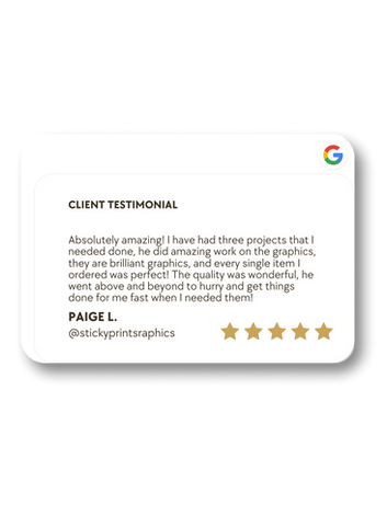 Review praising design work and quality of products from sticky prints graphics