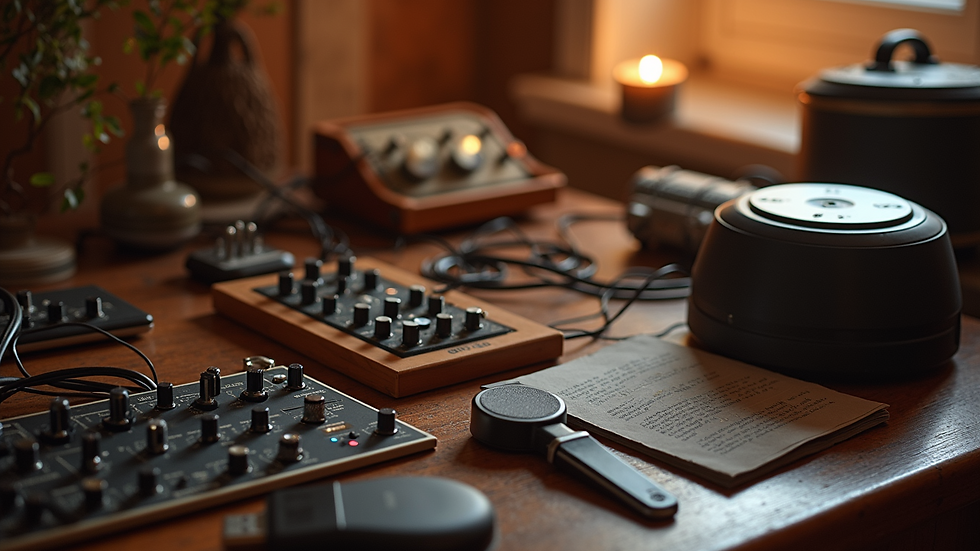 High angle view of sound therapy instruments arranged for a session
