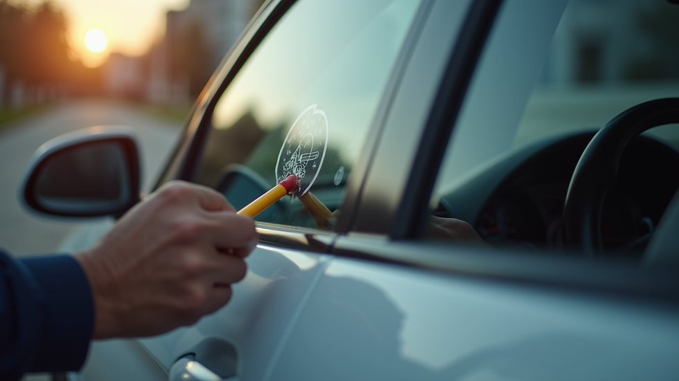 Close-up view of hands applying a vinyl decal on a car window