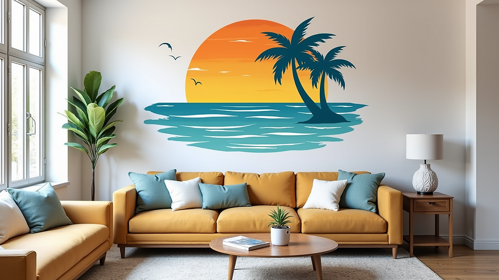 High angle view of a living room wall with vinyl quote decal