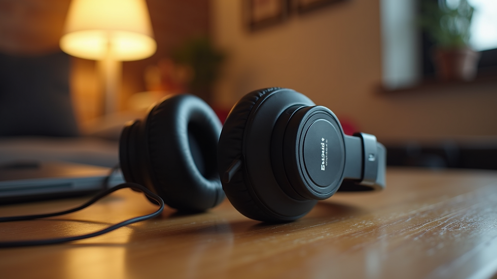 Close-up view of headphones on a wooden table