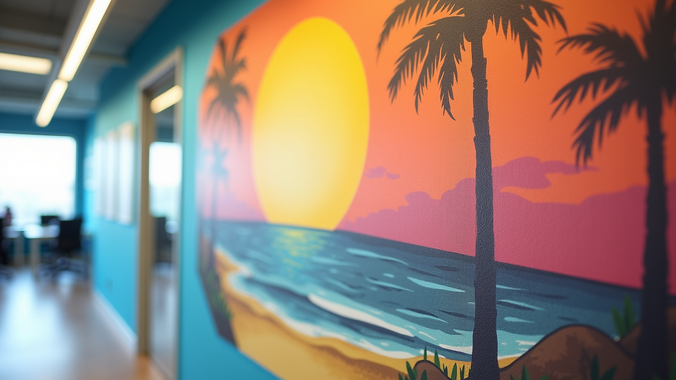 Eye-level view of a modern office wall with colorful vinyl graphics