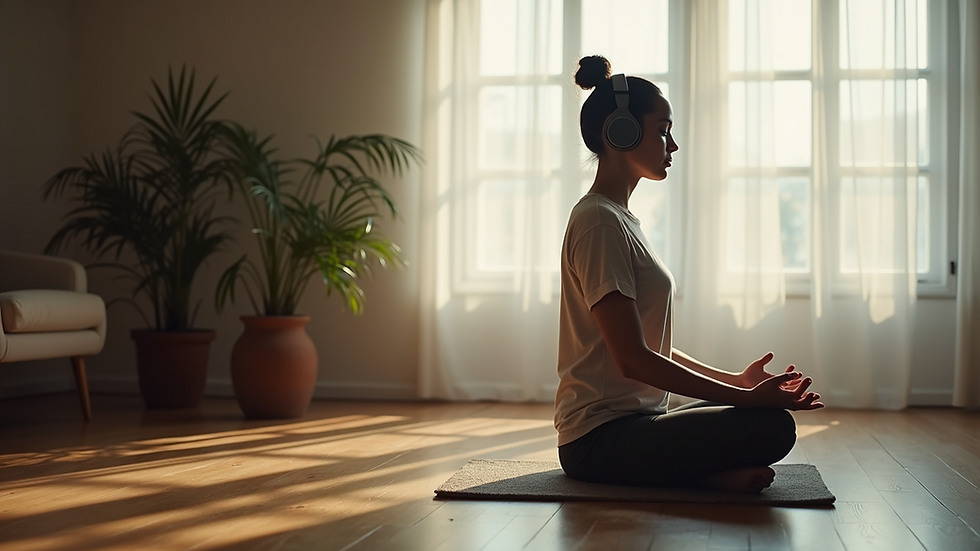 Eye-level view of a person meditating with headphones in a calm room