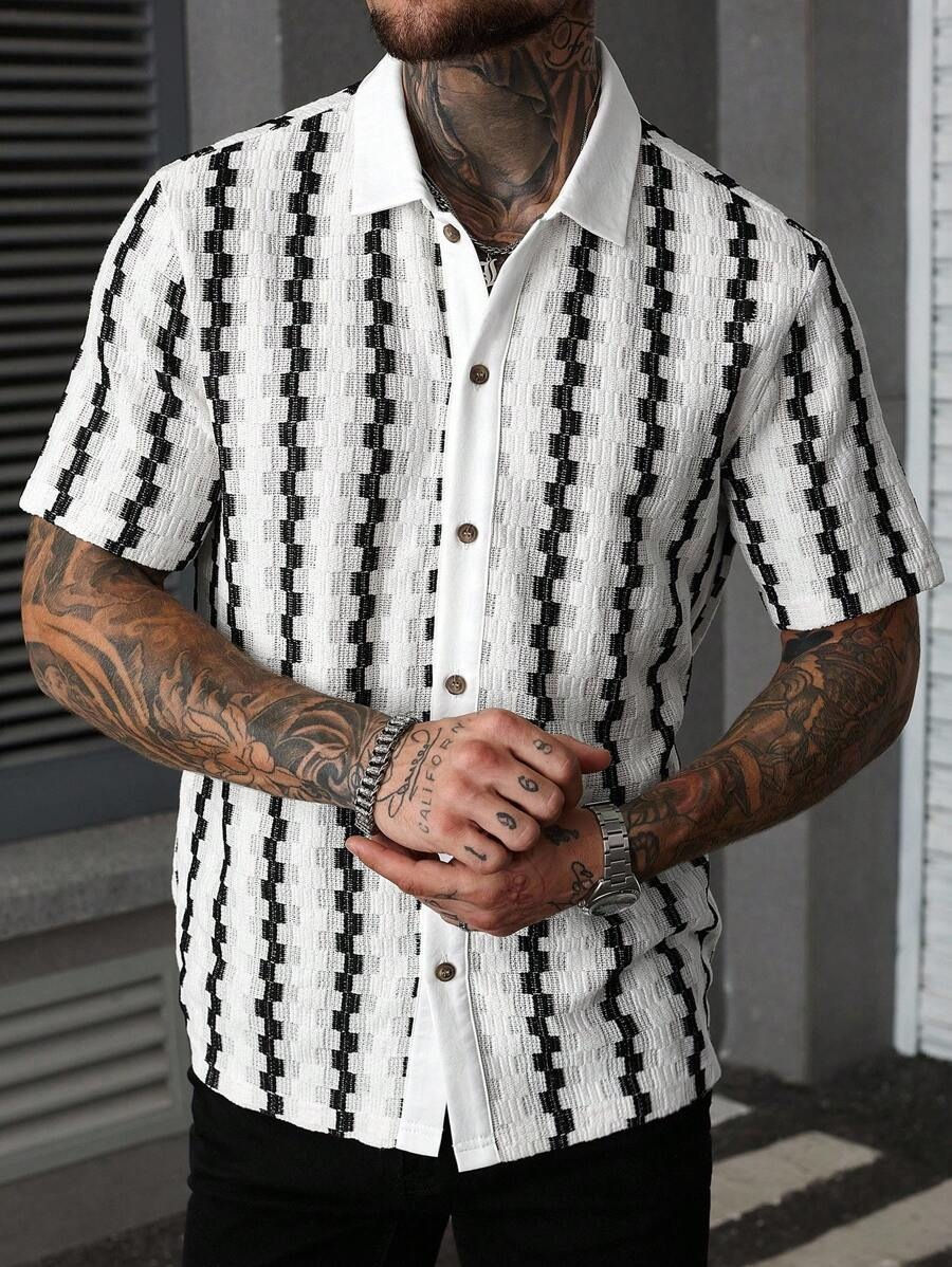 Miniatura: Classic Plaid Striped Knitted Shirt Men Summer Short Sleeve Button Down Turn-dow