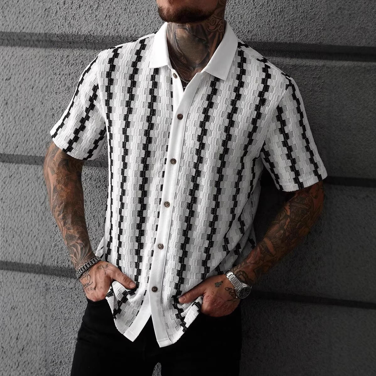 Classic Plaid Striped Knitted Shirt Men Summer Short Sleeve Button Down Turn-dow