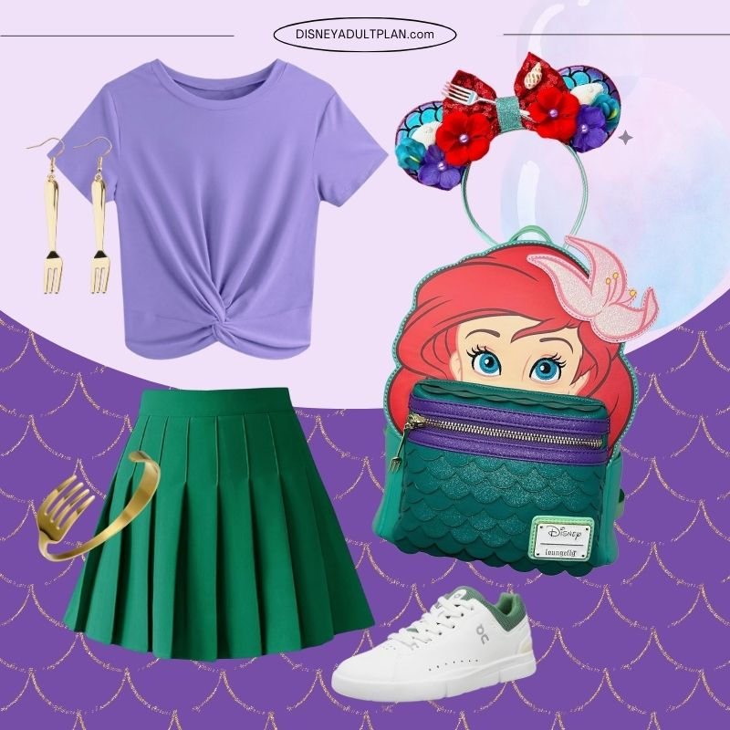 Princess Ariel inspired Disney World outfit with green skirt and purple top.