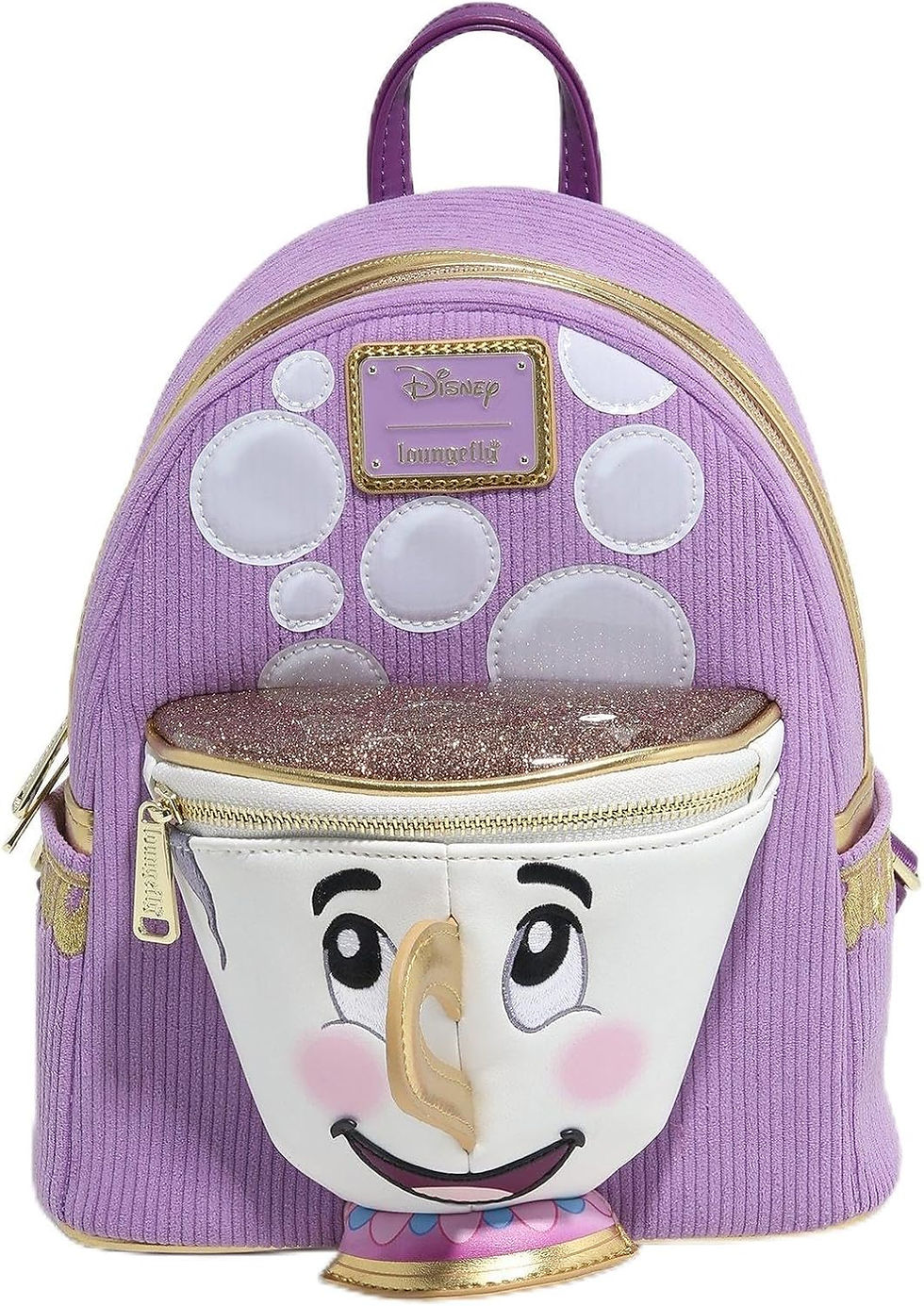 Loungefly Beauty and the Beast Chip figural mini backpack in lavender corduroy