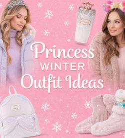 Disney princess winter outfits styled for adult women with pastel layers, tiaras, and cozy pink winter vibes.