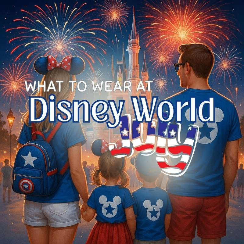 Family in Mickey-themed outfits watch Disney World fireworks. Text: "What to Wear at Disney World in July." Castle in background.