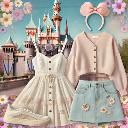 Spring-inspired Disney World outfit with pastel colors, casual park fashion, and blooming flowers.