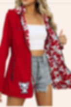 Woman in a red reversible floral jacket inspired by Moana. DisneyBounding winter outfit idea with tropical print and Pua-inspired patch
