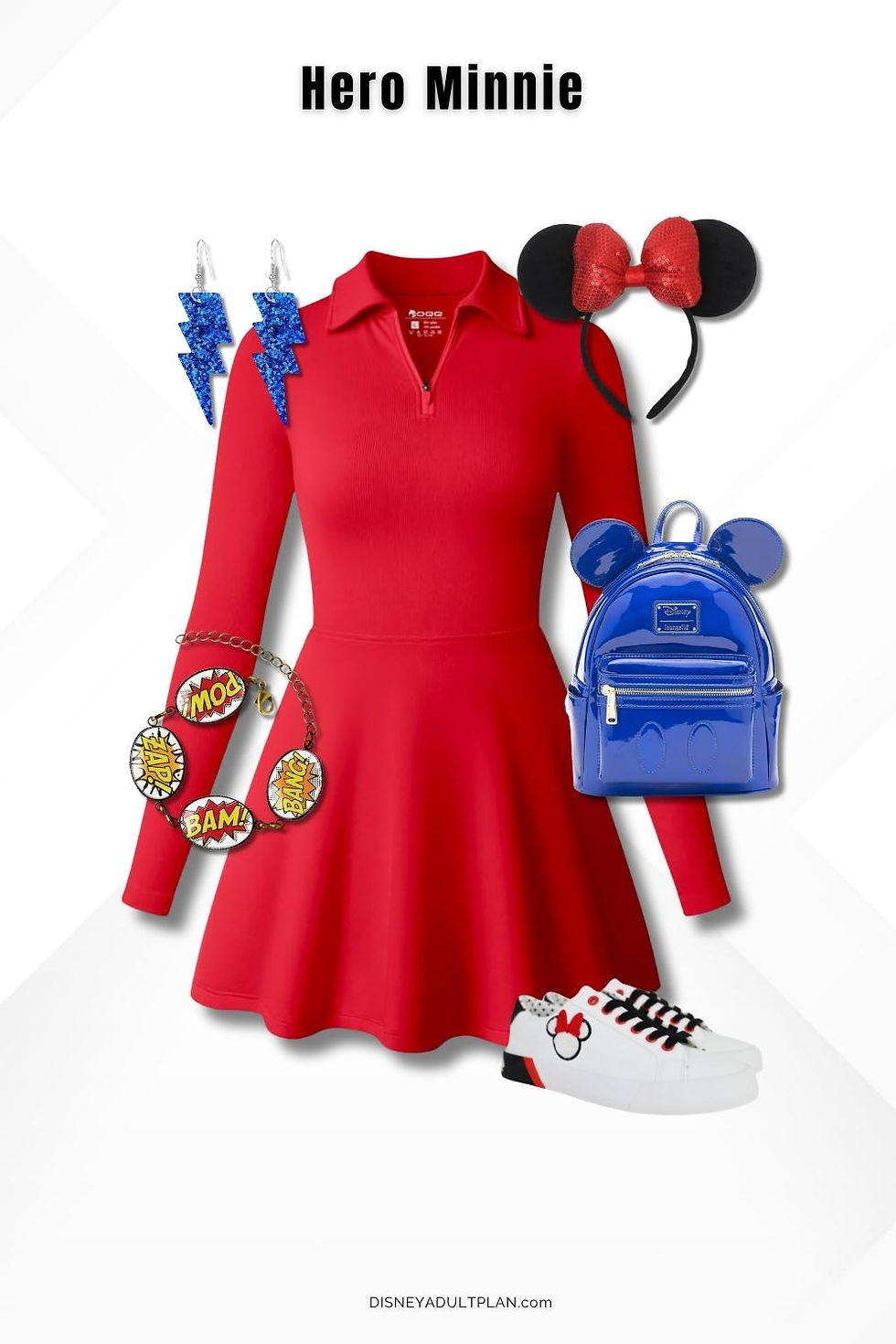 Hero Minnie DisneyBound outfit featuring a red dress, Minnie headband, and blue Loungefly backpack, perfect for Disney Destiny cruise arrival photos.
