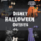 Disney Halloween outfits displayed on a dark background featuring dresses, headbands, and accessories with Halloween motifs. Text: Disney Halloween Outfits.