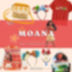 Moana-themed fashion items: purse, headbands, t-shirt, jacket, and backpack. Text: Moana Family Disneybound Guide on a pink background.
