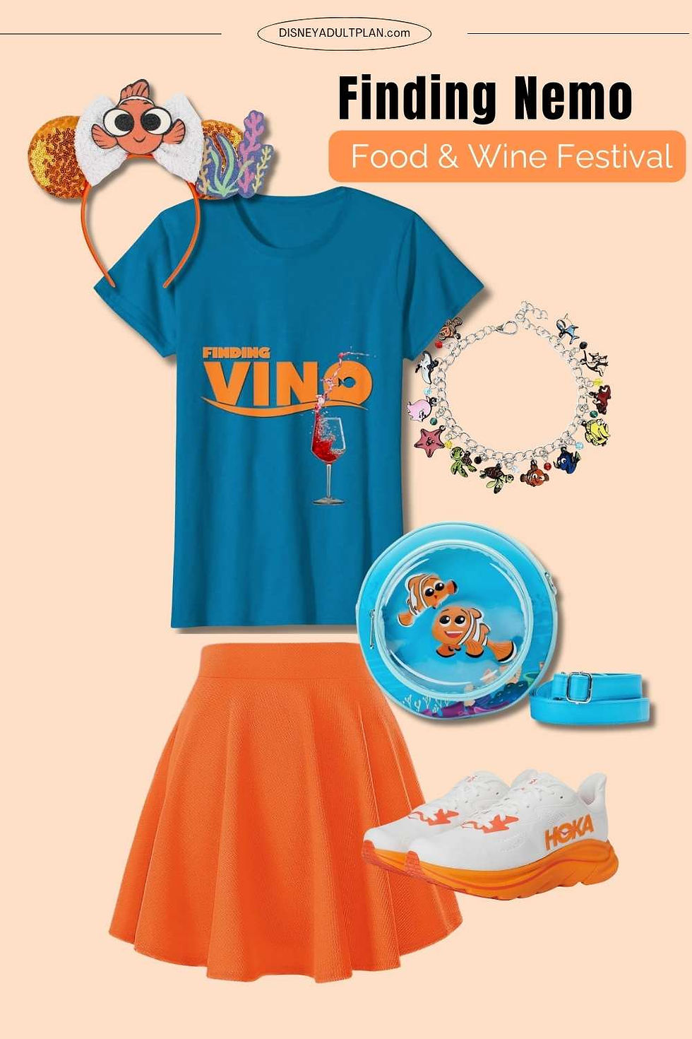 Nemo-themed items: blue "Finding Vino" shirt, orange skirt, fish charm bracelet, headband, round bag, belt, and shoes, Food & Wine Festival.