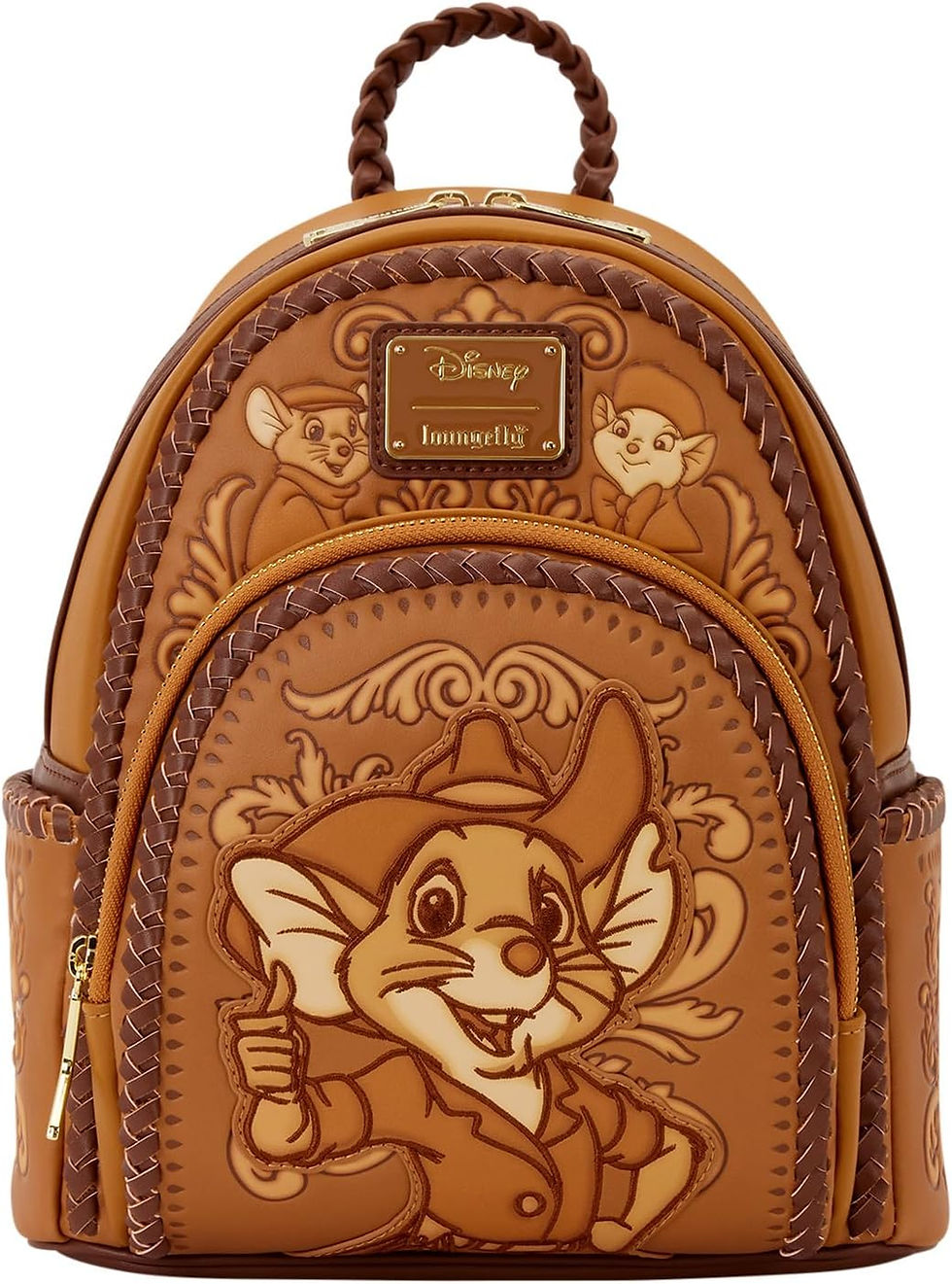 Brown Rescuers Loungefly backpack with Bernard and Bianca applique and embossed cowboy details