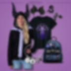 Woman in Maleficent hoodie smiles, surrounded by Disney-themed items: T-shirt, backpack, charm bracelet. Purple background, playful mood.