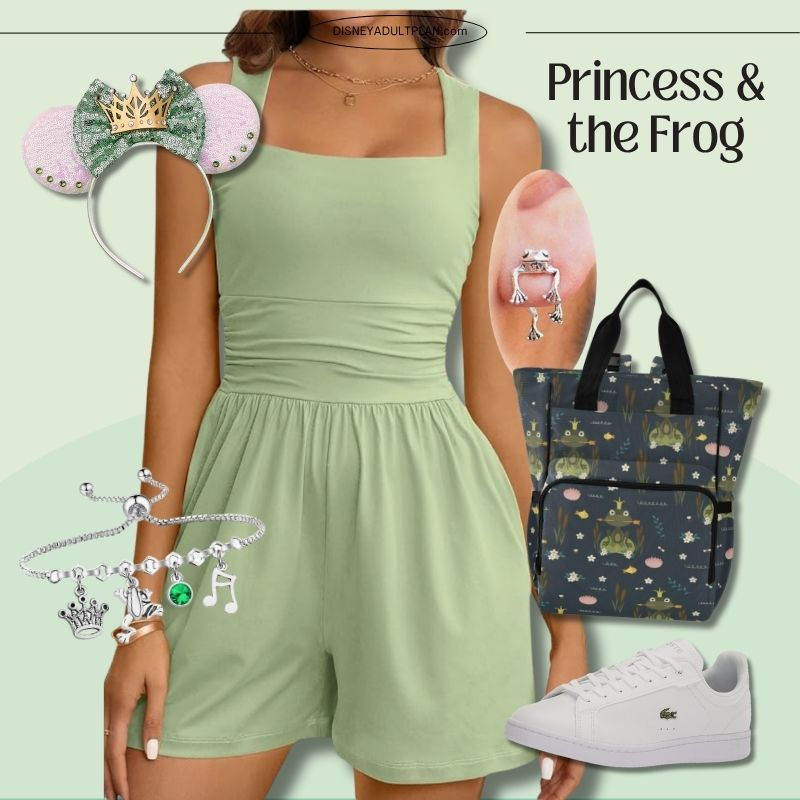 Princess and the Frog romper outfit with frog diaper bag and Minnie ears – cute Disneyland OOTD for Disney moms