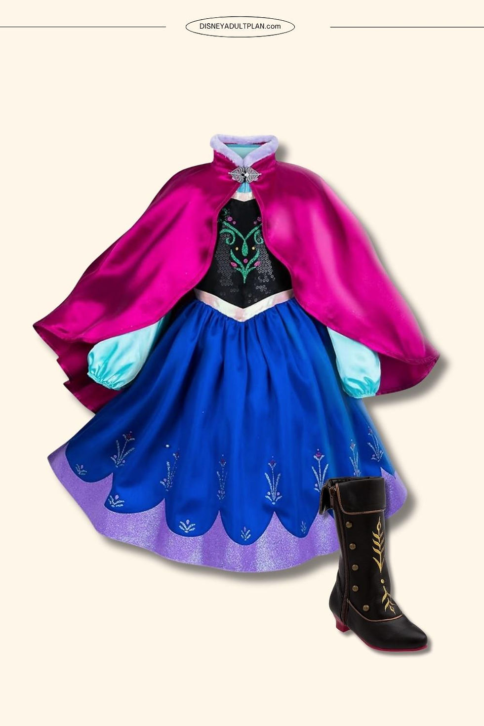Anna Frozen toddler costume flat lay with cape and royal dress and boots
