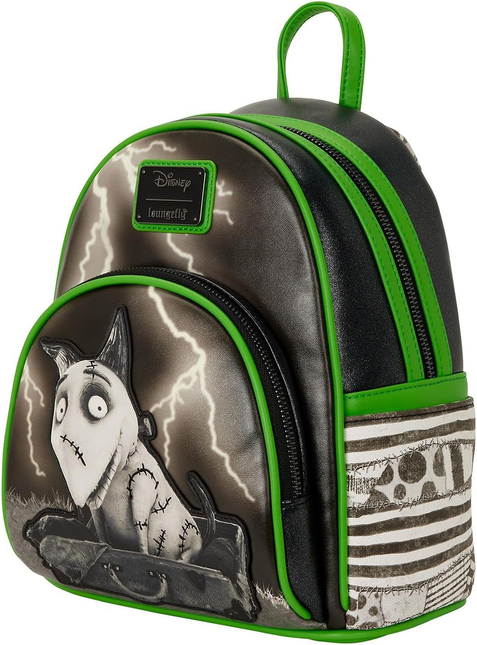 Side profile of Frankenweenie Loungefly backpack with green trim and Sparky art