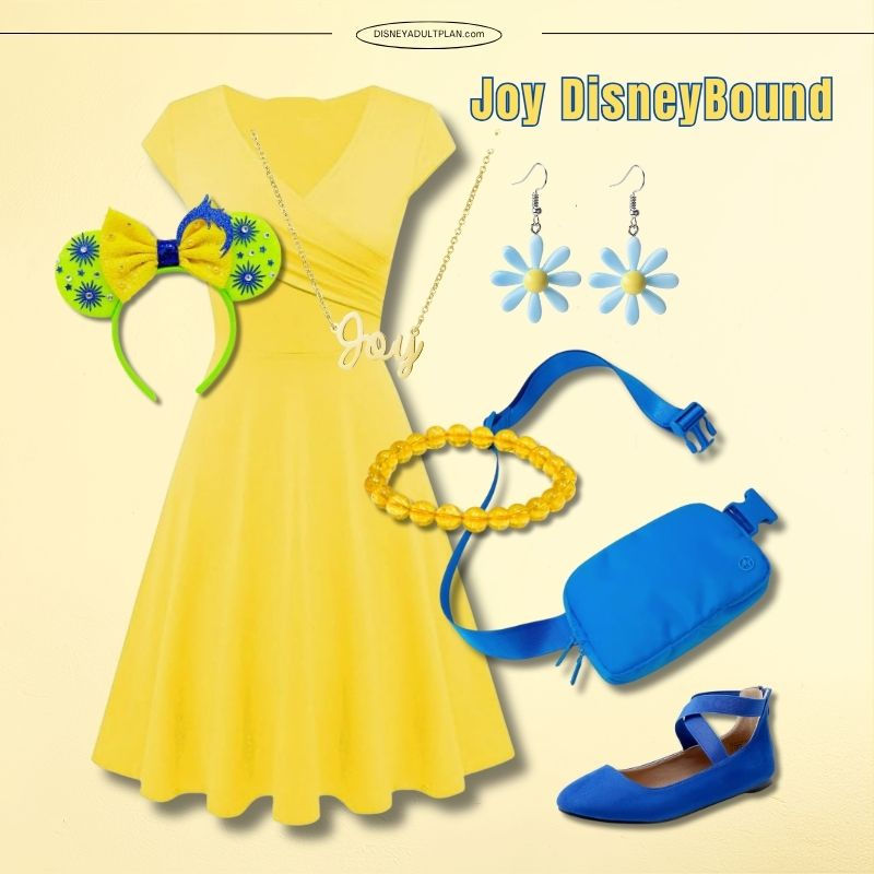 Joy DisneyBound outfit for adults featuring a yellow dress, Joy Minnie ears, and blue accessories
