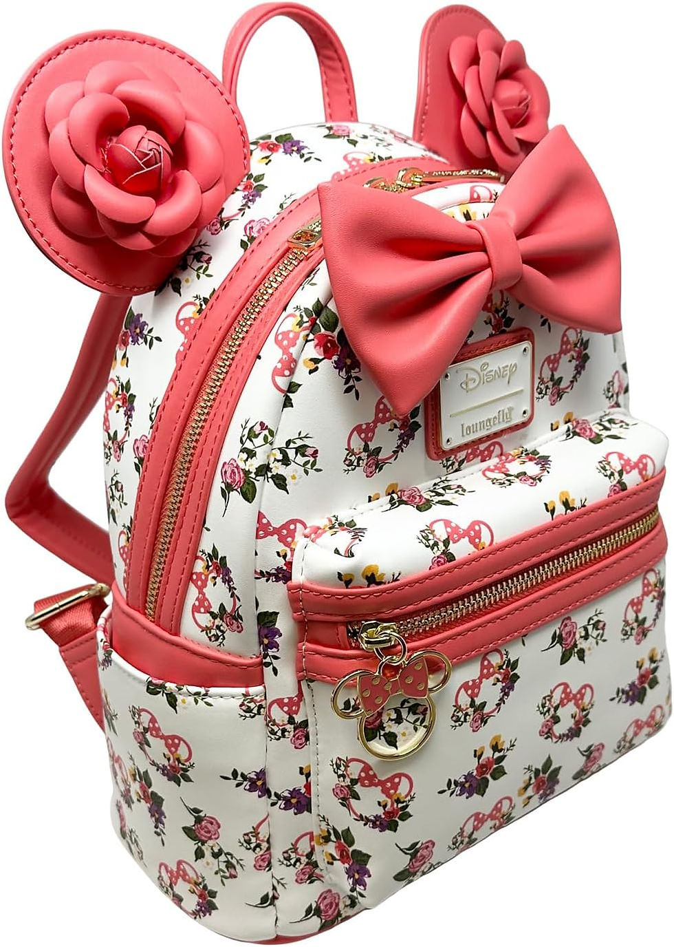 Thumbnail: Minnie Mouse Loungefly backpack featuring floral print and rose-themed Minnie ears.