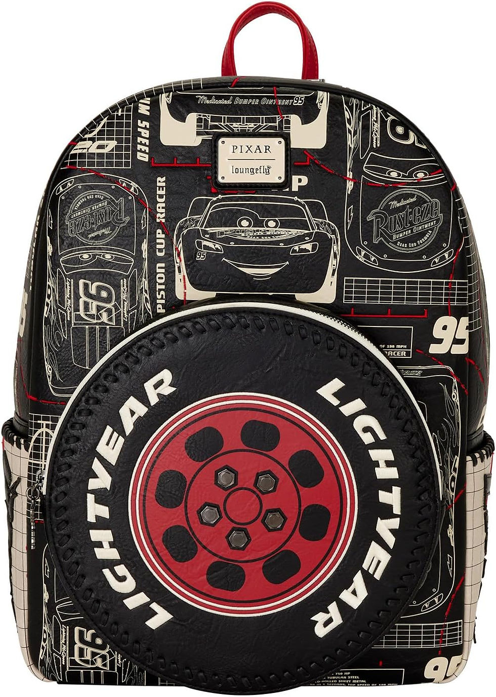 Loungefly Cars Lightning McQueen full-size backpack with Lightyear tire pocket and racing details