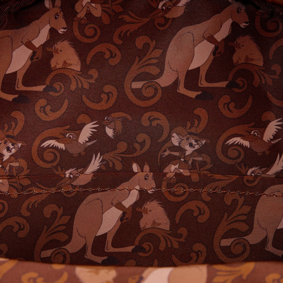 Thumbnail: Inside of Disney Rescuers Loungefly backpack with printed lining featuring film character art