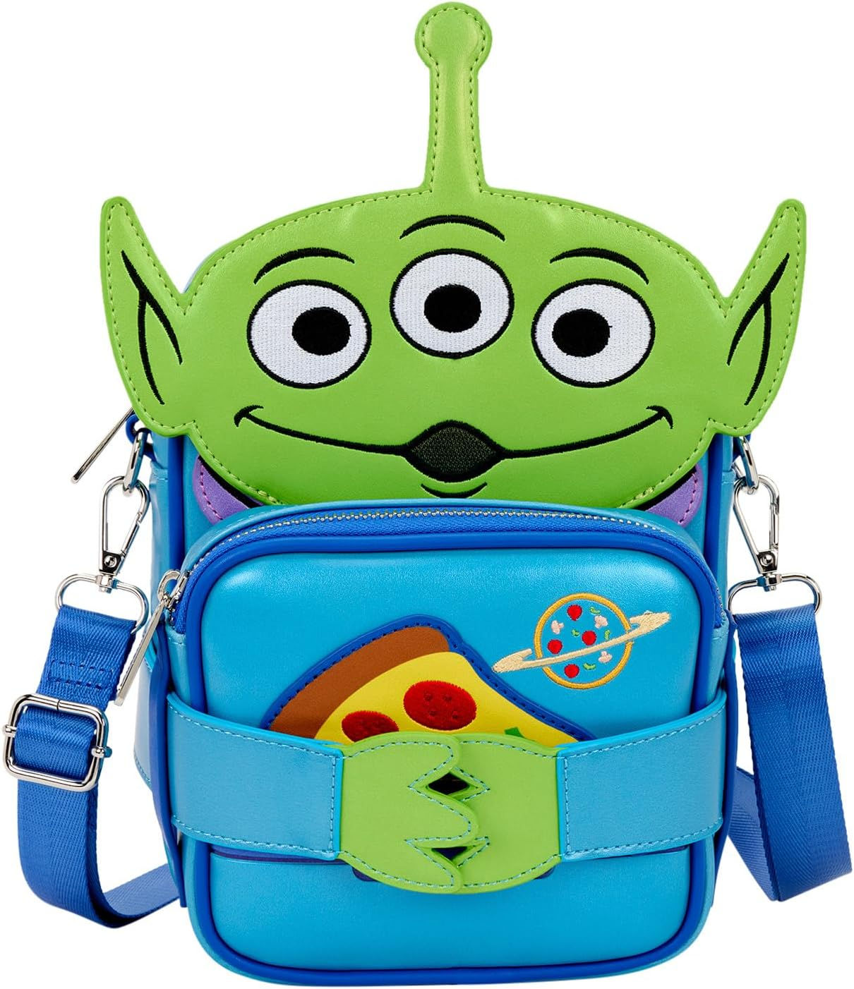 Toy Story Loungefly Aliens crossbody bag front with green alien appliqué and pizza pocket