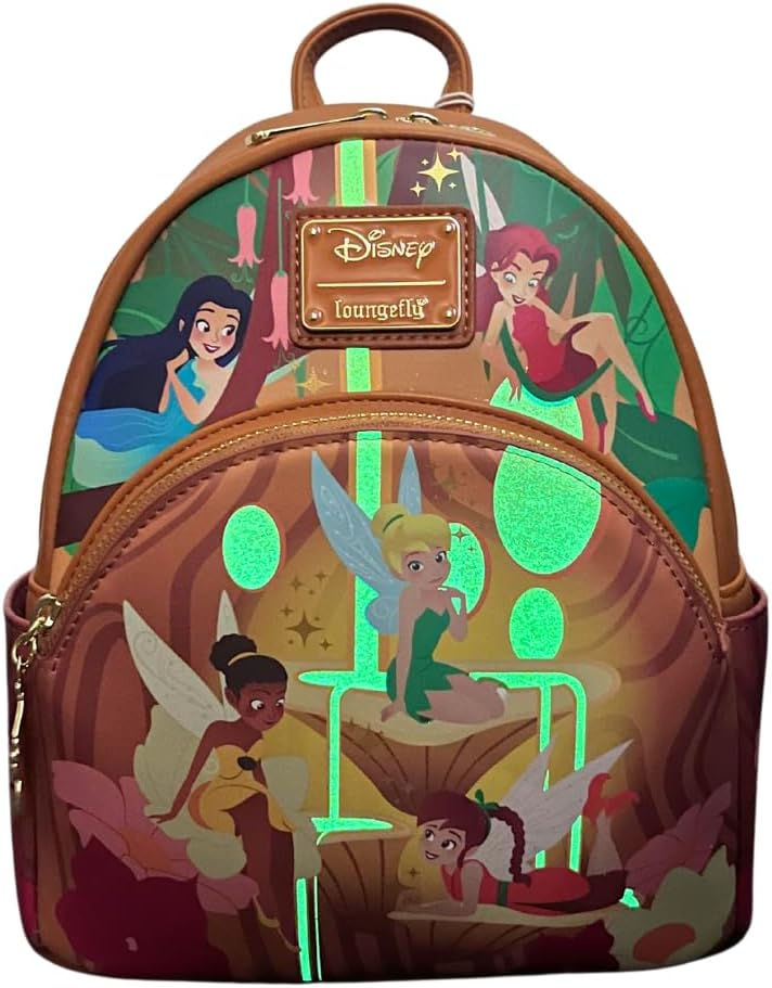 Thumbnail: Loungefly Pixie Hollow Fairies Mini Backpack glowing in the dark with pixie dust design, ideal for Disney bounding.