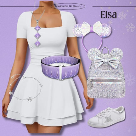 Elsa Frozen 2 DisneyBound summer outfit on purple background with white dress, Frozen 2 accessories, and Minnie ears