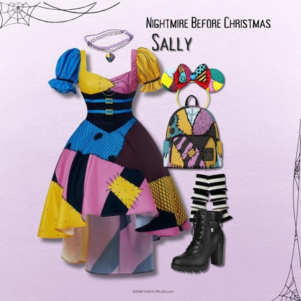 Dressy Sally DisneyBound high-low patchwork dress with ears, heart locket, Loungefly mini backpack, heeled boots.