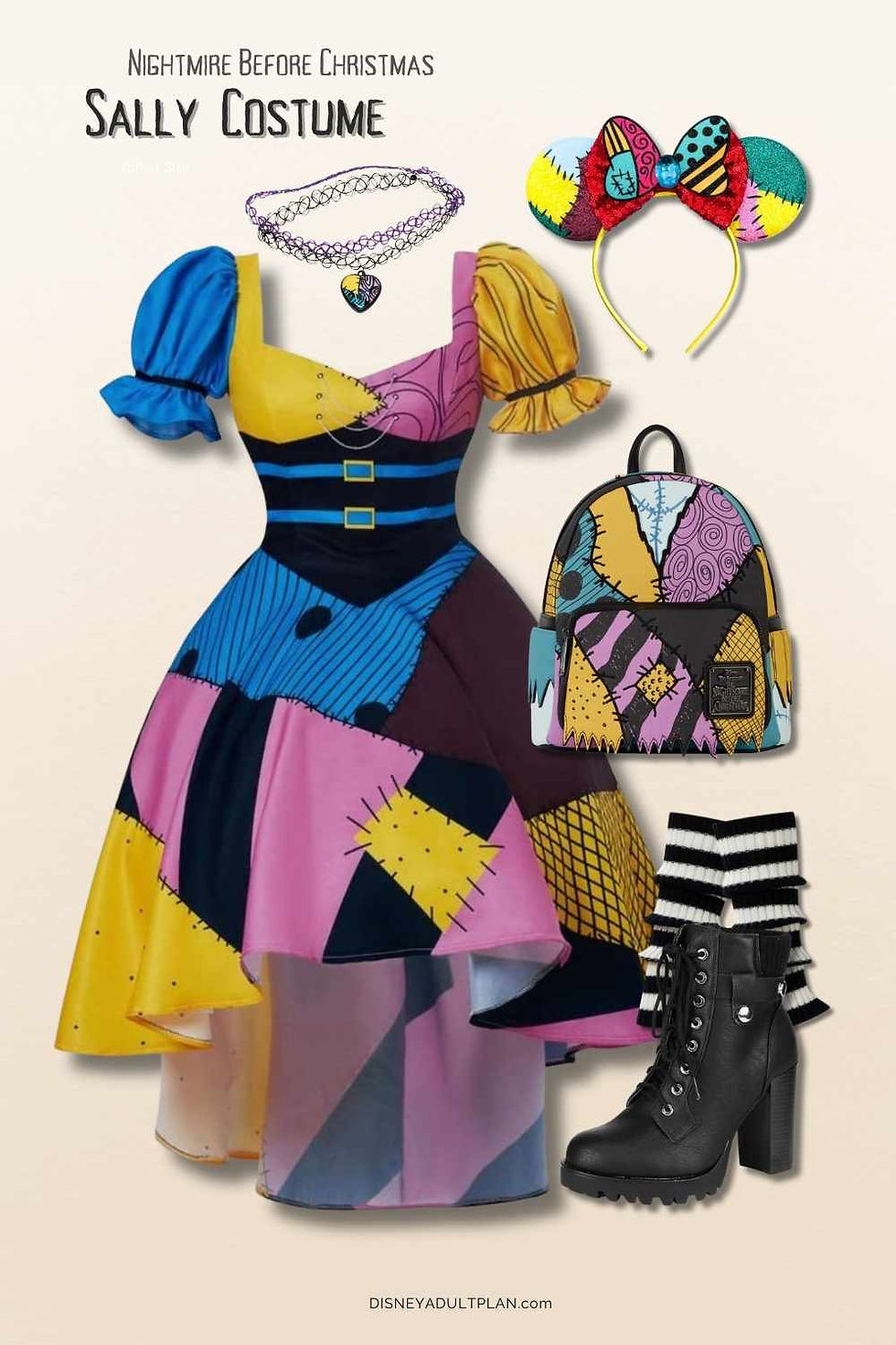 Dressy Sally DisneyBound high-low patchwork dress with ears, heart locket, Loungefly mini backpack, heeled boots.
