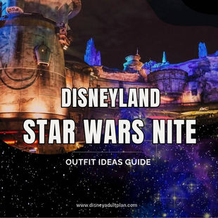 Disneyland Star Wars-themed night scene, lit up buildings with starry sky