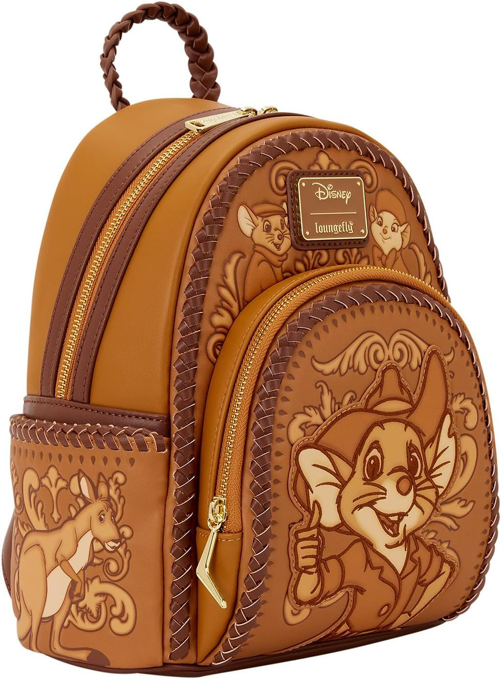 Thumbnail: Side of Loungefly Rescuers Down Under backpack showing embossed design and gold zipper accents