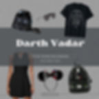 Darth Vader-themed items: a dress, helmet purse, shirt, backpack, sunglasses, and headband with bow. Text: "Darth Vadar Star Wars Bounding."