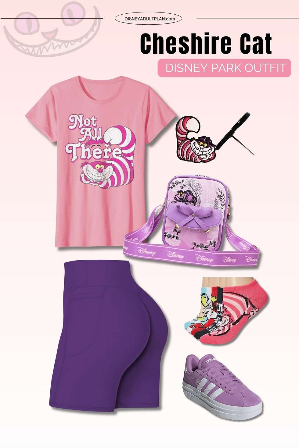 Comfortable Cheshire Cat Disney outfit with a graphic tee, purple biker shorts, and crossbody bag for a park day.